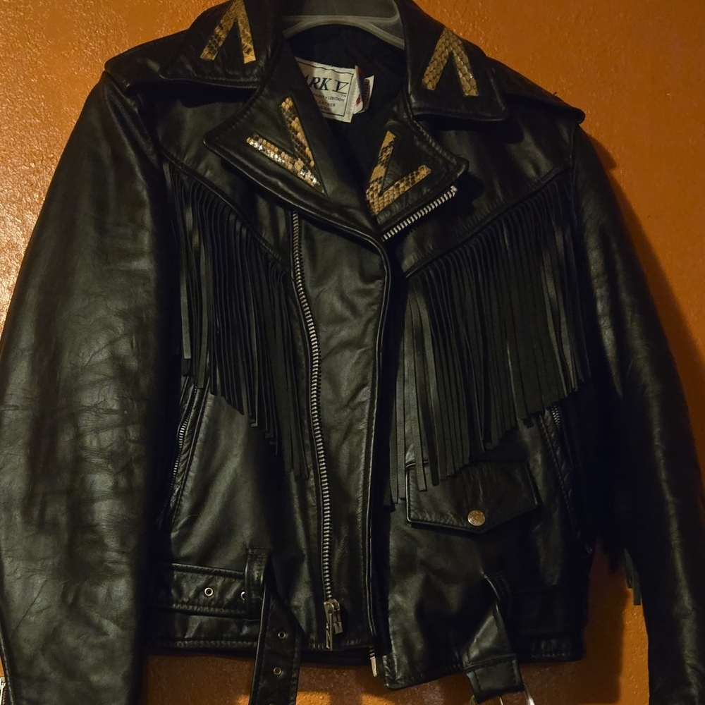 PARK Black Leather Jacket with Fringe and Silver Accents. Snake Skin Collar